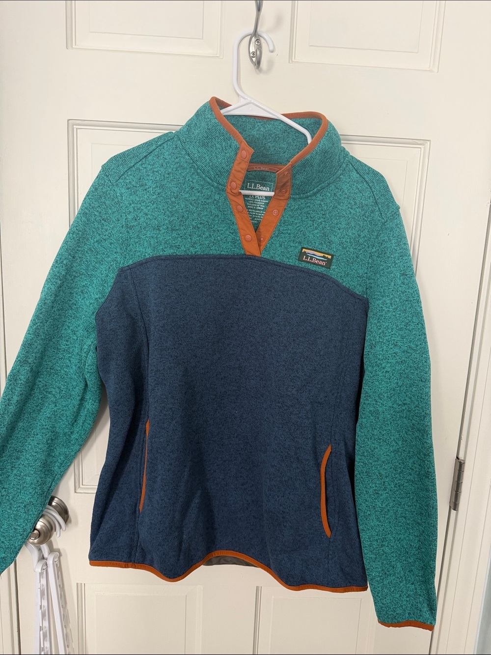 L.L. Bean Teal, Navy and Orange Snap-Front Fleece Pullover